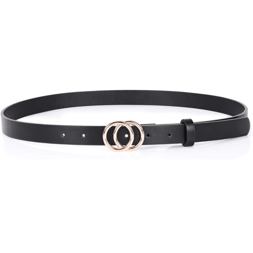 Double Ring Leather Belts for Women O-Style Gold Buckle Skinny Dress Belt